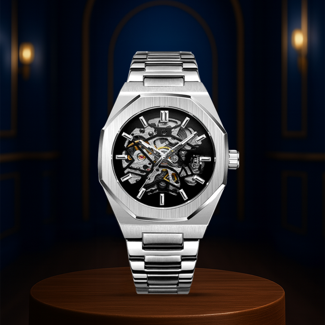 Luca | Intricate Skeleton Movement Bold Brushed Steel Watch | 42mm